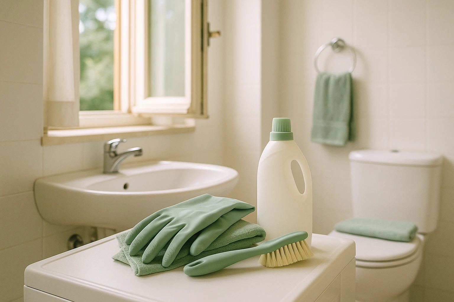 Bagno italiano domestico pulito con panno, guanti, spazzola per pulizia e detergente delicato, luce naturale da finestra aperta che simboleggia ventilazione per eliminare muffa e umidità