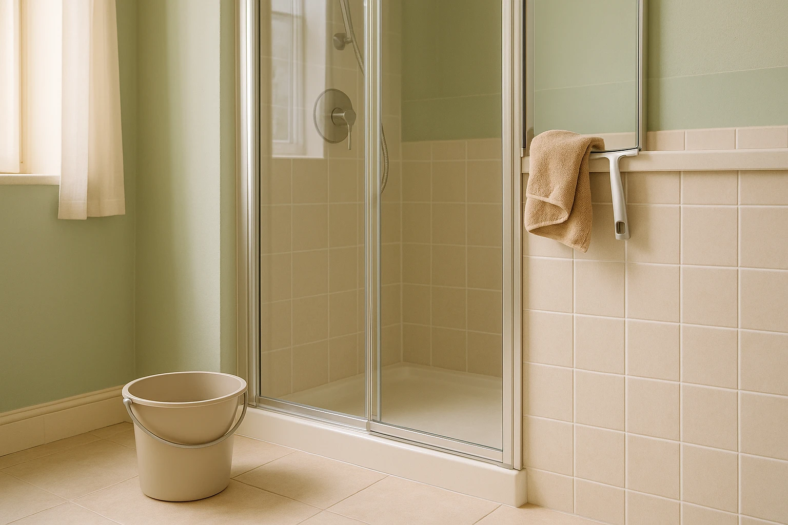 Box doccia domestico italiano pulito con vetri trasparenti, panno in microfibra e tergivetro, secchio con acqua tiepida, guarnizioni in buone condizioni in un bagno semplice e accogliente.