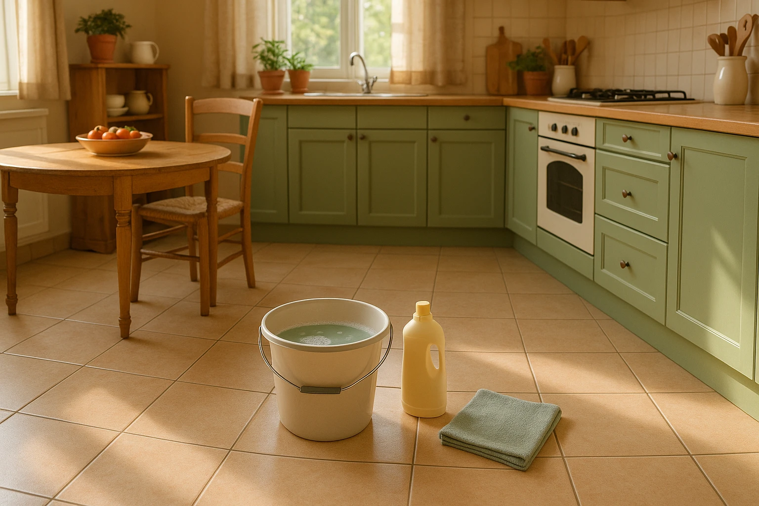 Cucina italiana illuminata naturalmente con pavimento in gres porcellanato pulito, secchio con detergente neutro, panno in microfibra morbido per la pulizia, ambiente familiare e ordinato senza persone o testo.