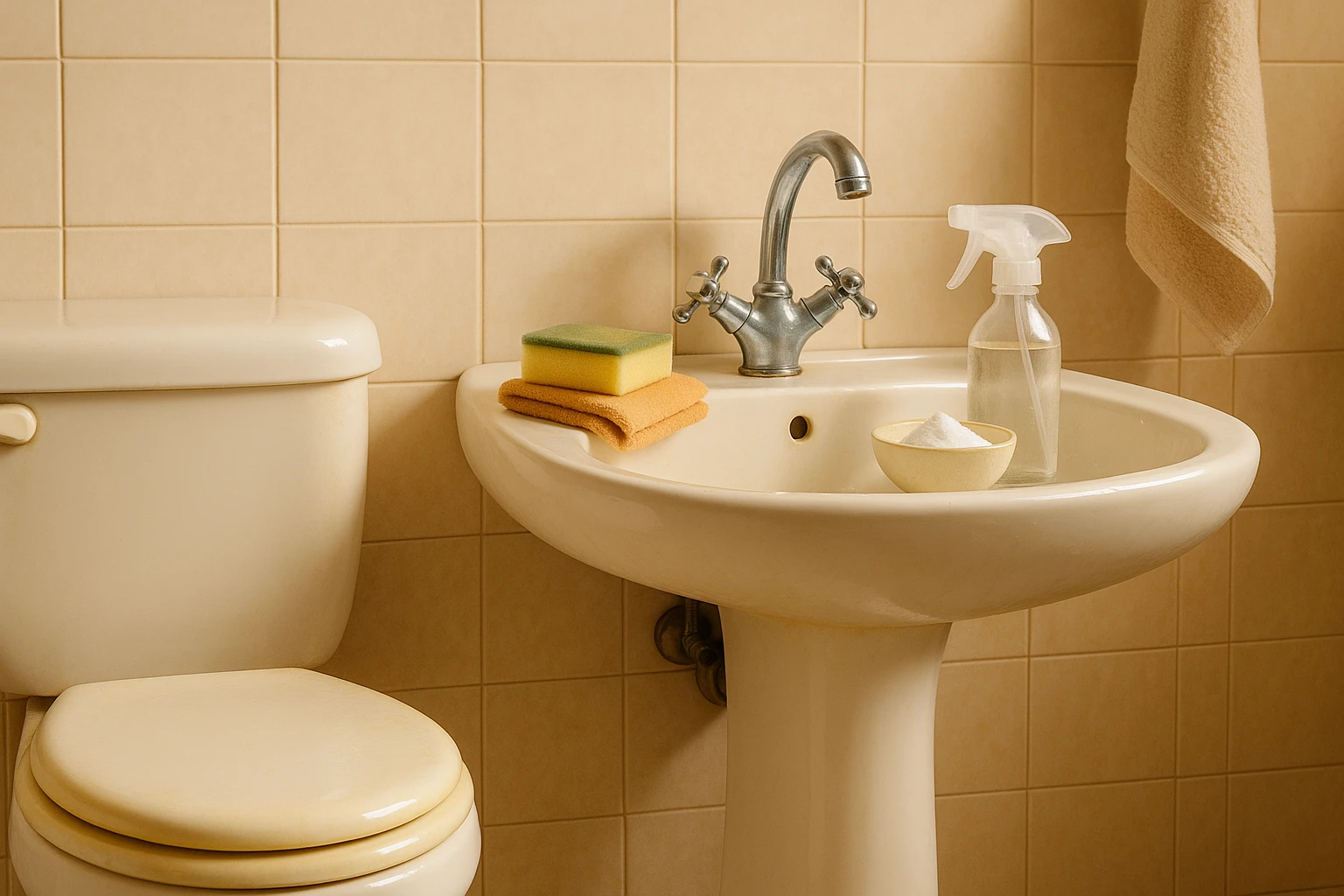 Bagno casalingo semplice con sanitari bianchi in fase di pulizia usando spugna morbida, bicarbonato e spruzzino, luce naturale calda che evidenzia l'ambiente ordinato e pulito