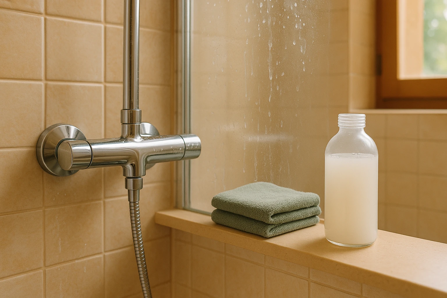 Bagno domestico italiano con rubinetto della doccia lucido e vetro con tracce di calcare, panno verde salvia e bottiglia di detergente naturale su mensola chiara, luce naturale e atmosfera calda e accogliente senza testo o loghi.